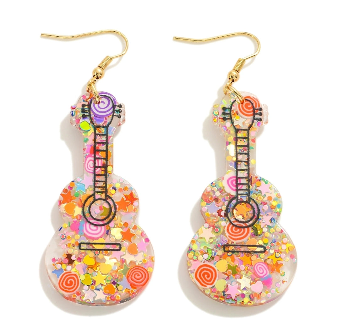 Glitter Guitar Drop Earrings